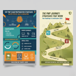 Infographic focusing on high-level PMP exam preparation strategies, illustrating the blend of PMBOK Guide and Agile Practice Guide resources, and the importance of practice exams for certification.