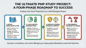 Infographic titled 'The Ultimate PMP Study Project: A Four-Phase Roadmap to Success'. It displays four vertical sections: 1. Initiate (Define Scope & Time) focusing on SMART goals; 2. Plan & Execute (Maximize Focus) featuring Time Blocking and Pomodoro techniques; 3. Monitor & Control (Integrate & Protect) highlighting stakeholder boundaries and mock exams; and 4. Core Principle emphasizing consistency over intensity