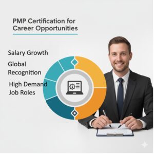 Diagram illustrating the core career benefits of PMP Certification, including Salary Growth, Global Recognition, and access to High Demand Job Roles, featuring a professional male manager.