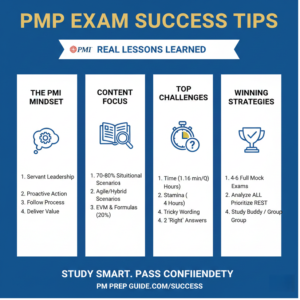 Infographic detailing PMP Exam Success Tips. Four columns highlight the key lessons learned: PMI Mindset (Servant Leadership), Content Focus (70-80% Agile/Hybrid Scenarios), Top Challenges (Time and Stamina), and Winning Strategies (4-6 Full Mock Exams).