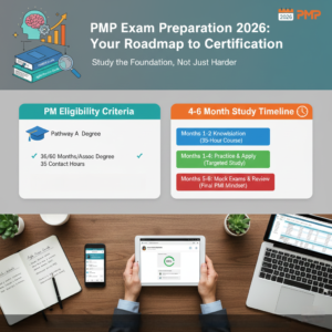 Infographic detailing the PMP eligibility criteria (Pathway A for Degree and Pathway B for Diploma/Assoc Degree) requiring 35 contact hours, and a 4-6 month PMP study timeline including 35-hour course, practice, and mock exams. The image also features a laptop, tablet showing a mock exam, and the PMBOK Guide and Agile Practice Guide.